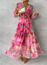 Robe Longue Femme en Mousseline – Imprimé Floral, Manches Longues et Jupe à Volants