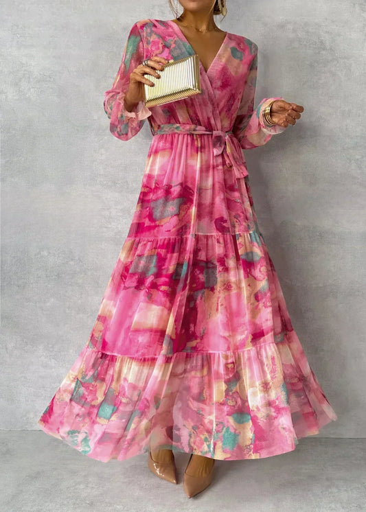 Abito lungo da donna in chiffon – Stampa floreale, maniche lunghe e gonna con volant
