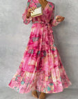 Robe Longue Femme en Mousseline – Imprimé Floral, Manches Longues et Jupe à Volants
