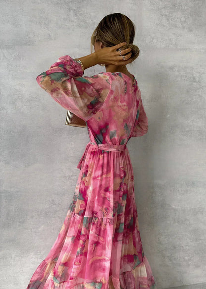 Robe Longue Femme en Mousseline – Imprimé Floral, Manches Longues et Jupe à Volants