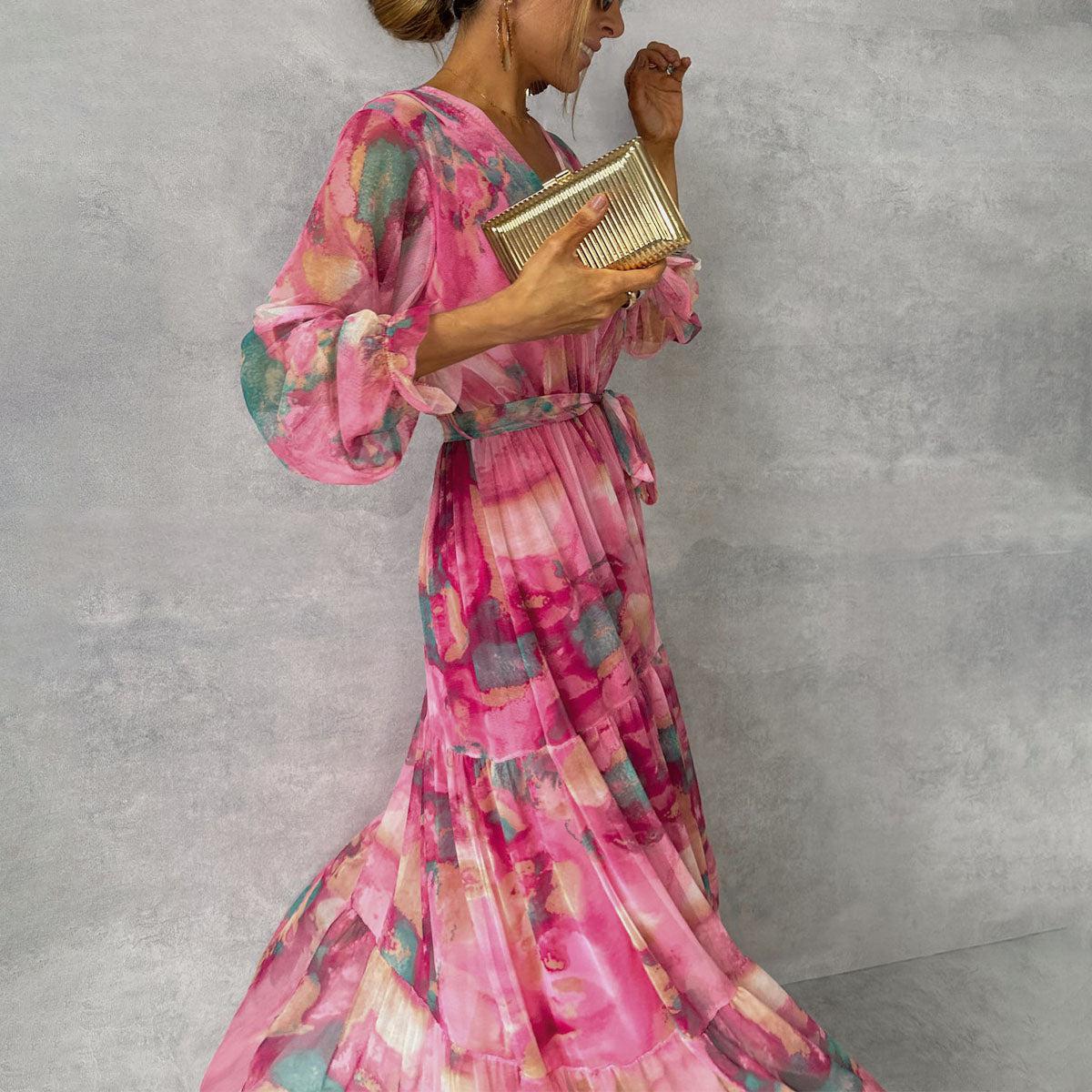 Robe Longue Femme en Mousseline – Imprimé Floral, Manches Longues et Jupe à Volants