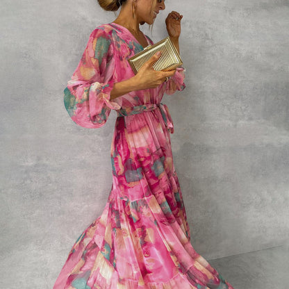 Robe Longue Femme en Mousseline – Imprimé Floral, Manches Longues et Jupe à Volants