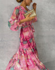 Robe Longue Femme en Mousseline – Imprimé Floral, Manches Longues et Jupe à Volants