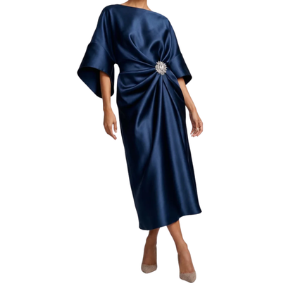 Robe Femme Midi Satinée – Manches Chauve-Souris & Drapé Bijou à la Taille