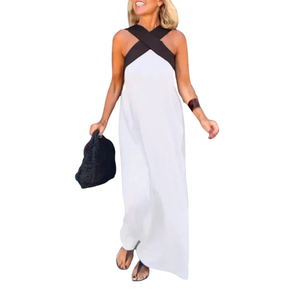 Robe Longue Femme – Encolure Halter Croisée et Silhouette Fluide