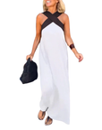 Robe Longue Femme – Encolure Halter Croisée et Silhouette Fluide