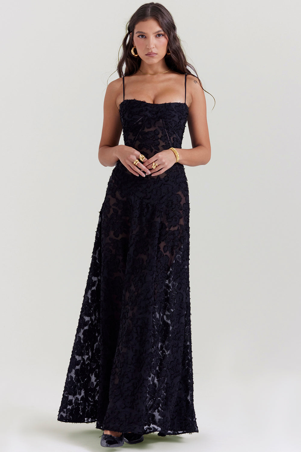 Robe longue à fines bretelles femme – coupe ajustée ourlet évasé