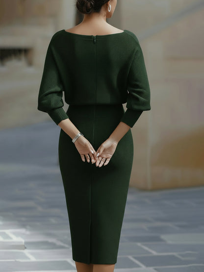 Robe Midi en Maille pour Femme – Manches Chauve-Souris Coupe Ajustée