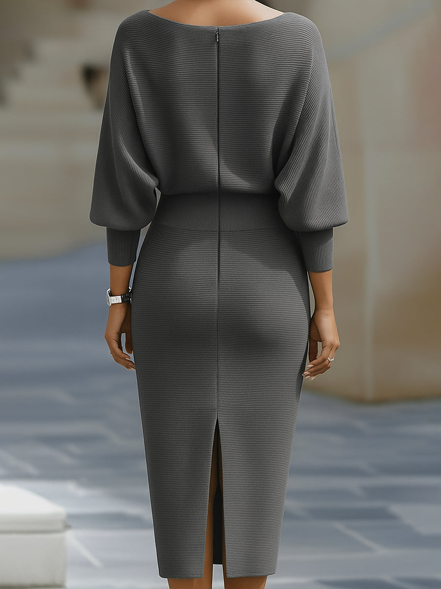 Robe Midi en Maille pour Femme – Manches Chauve-Souris Coupe Ajustée