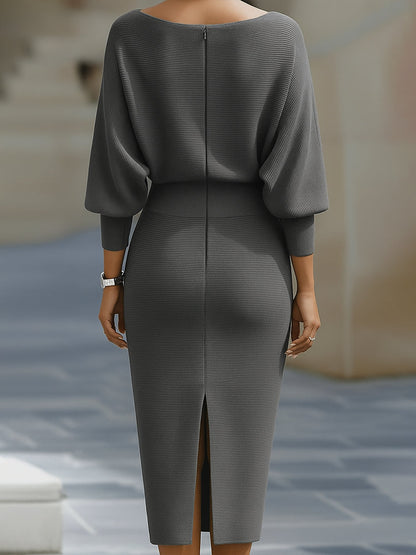 Robe Midi en Maille pour Femme – Manches Chauve-Souris Coupe Ajustée