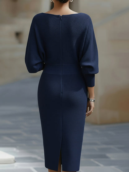 Robe Midi en Maille pour Femme – Manches Chauve-Souris Coupe Ajustée