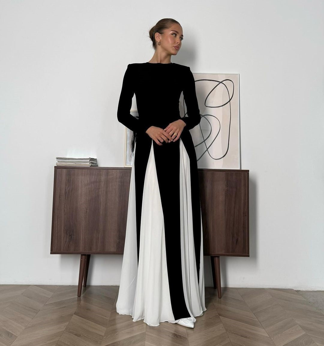 Robe Longue Structurée à Manches Longues pour Femme – Coupe Ajustée Style Soirée