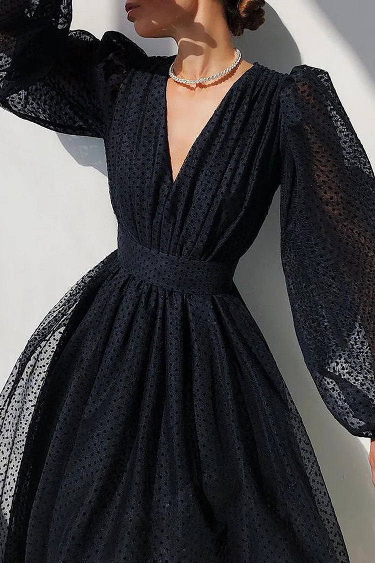Robe Femme Portefeuille Midi à Pois – Manches Bouffantes et Col en V