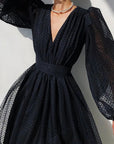 Robe Femme Portefeuille Midi à Pois – Manches Bouffantes et Col en V
