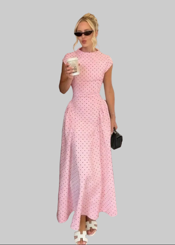 Robe Longue Femme à Pois – Col Haut Manches Courtes Coupe A-Line