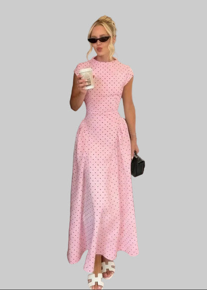 Robe Longue Femme à Pois – Col Haut Manches Courtes Coupe A-Line