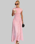 Robe Longue Femme à Pois – Col Haut Manches Courtes Coupe A-Line