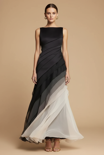 Robe Maxi Femme Chiffon Dégradé – Coupe Asymétrique Superposée Sans Manches