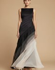 Robe Maxi Femme Chiffon Dégradé – Coupe Asymétrique Superposée Sans Manches