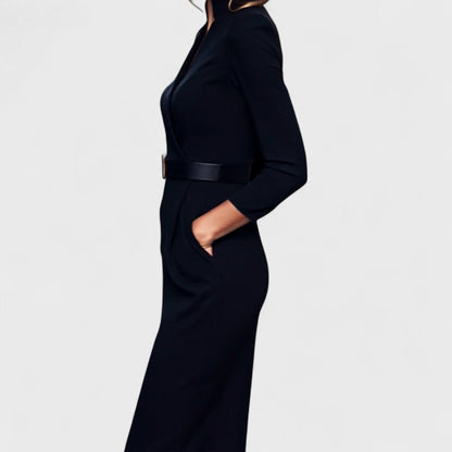 Robe midi ajustée femme en tissu stretch – ceinture col V manches longues