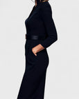 Robe midi ajustée femme en tissu stretch – ceinture col V manches longues