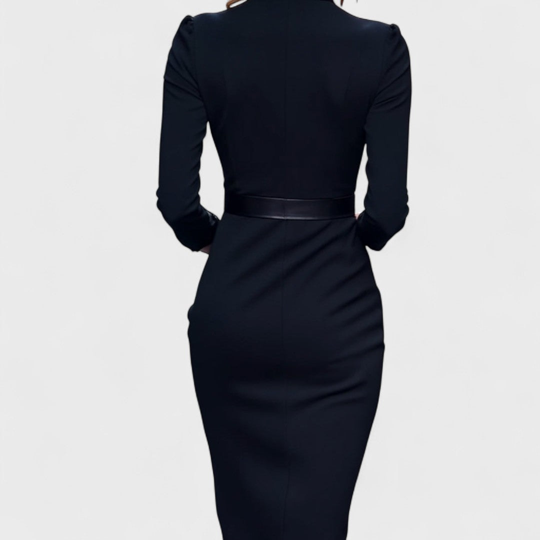 Robe midi ajustée femme en tissu stretch – ceinture col V manches longues