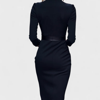 Robe midi ajustée femme en tissu stretch – ceinture col V manches longues