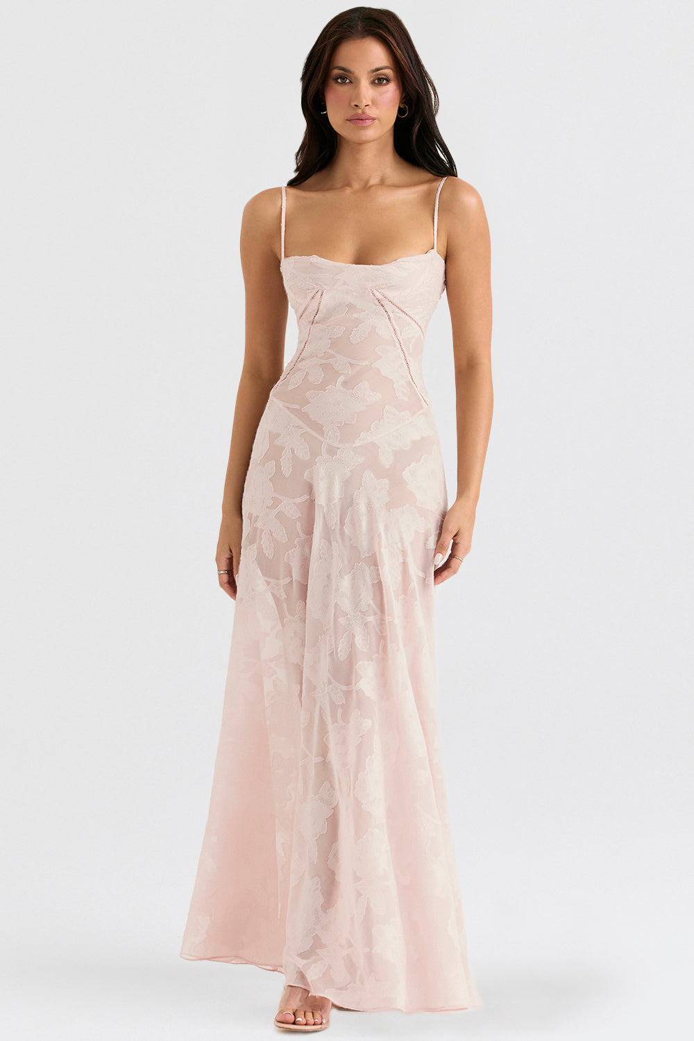 Robe longue à fines bretelles femme – coupe ajustée ourlet évasé