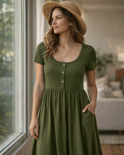 Robe Midi Femme en stretch, col rond, coupe fluide – Menvelo