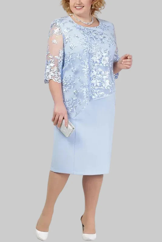 Robe Midi Femme à Broderie Florale – Manches en Dentelle Coupe Droite