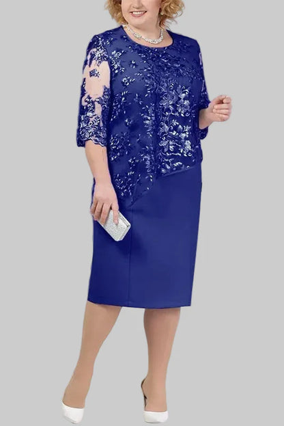 Robe Midi Femme à Broderie Florale – Manches en Dentelle Coupe Droite