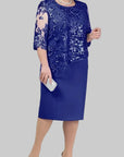 Robe Midi Femme à Broderie Florale – Manches en Dentelle Coupe Droite