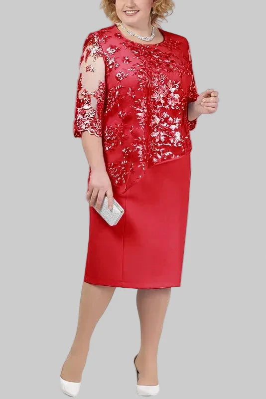 Robe Midi Femme à Broderie Florale – Manches en Dentelle Coupe Droite