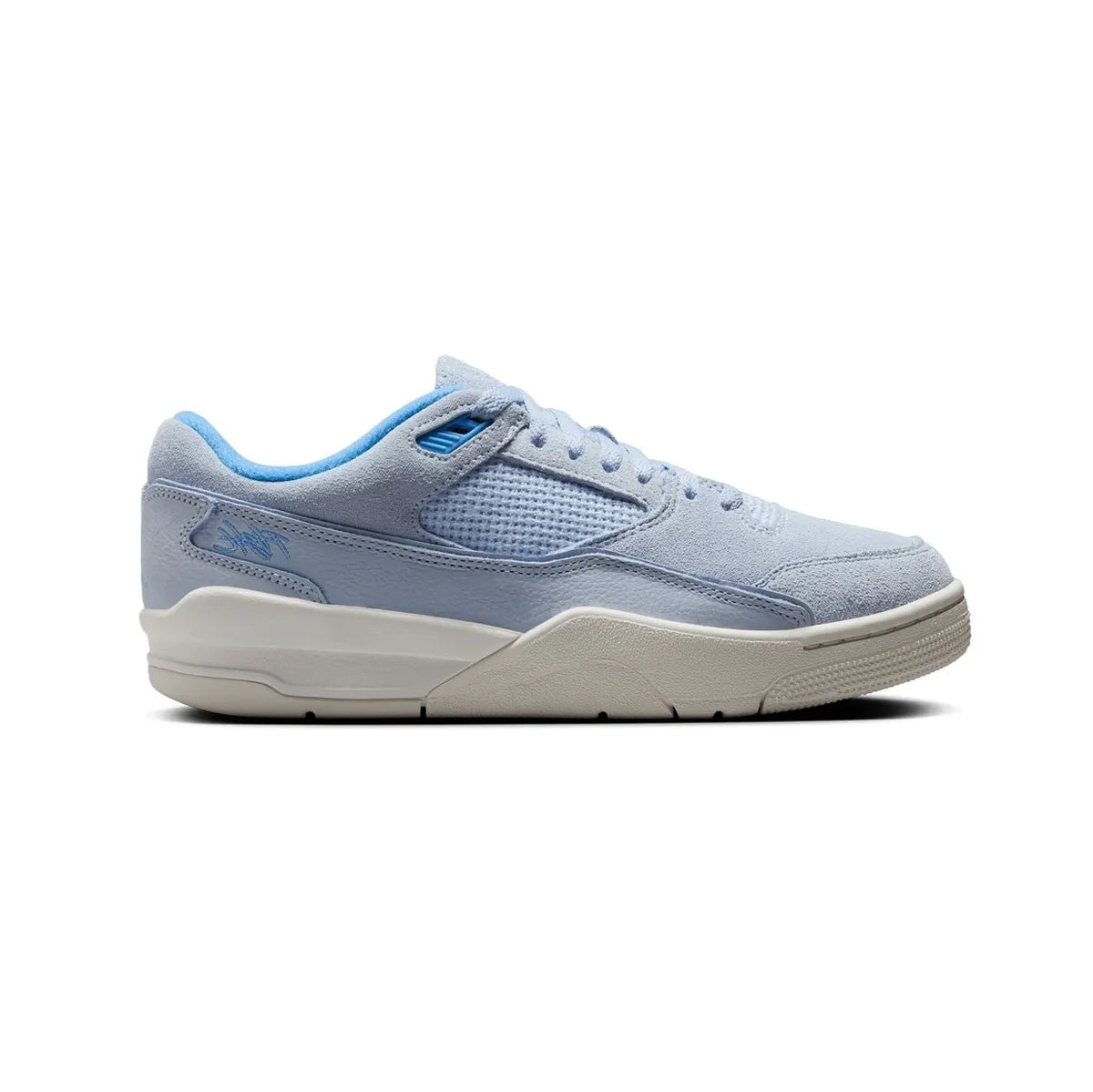 Air Jordan Flight Court Hydrogen Blue baskets basses homme et femme en daim bleu, vue de profil