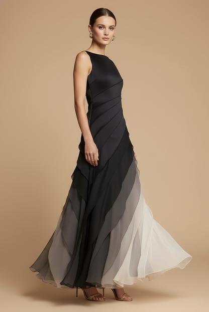 Robe Maxi Femme Chiffon Dégradé – Coupe Asymétrique Superposée Sans Manches