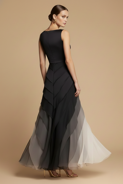 Robe Maxi Femme Chiffon Dégradé – Coupe Asymétrique Superposée Sans Manches