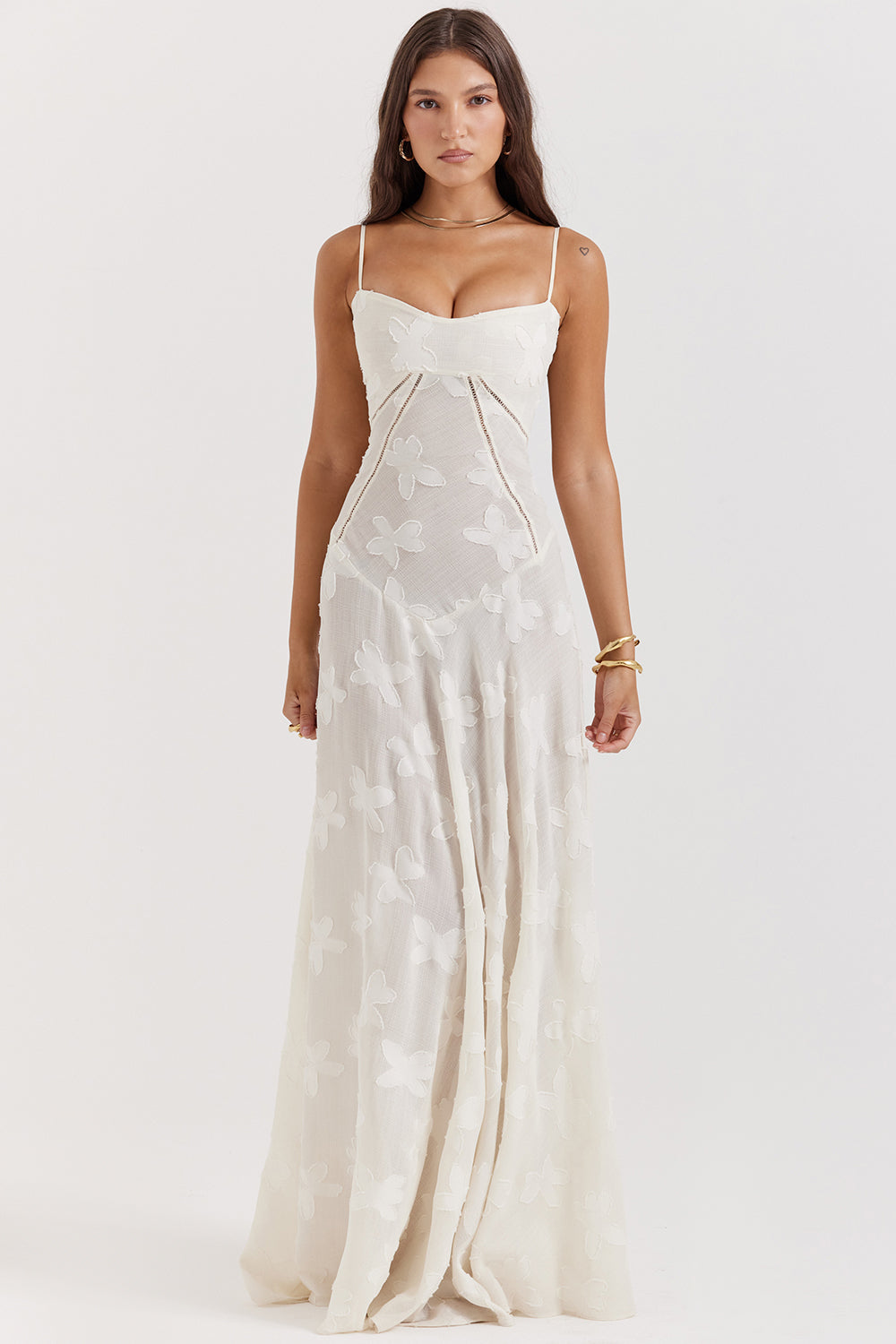 Robe longue à fines bretelles femme – coupe ajustée ourlet évasé