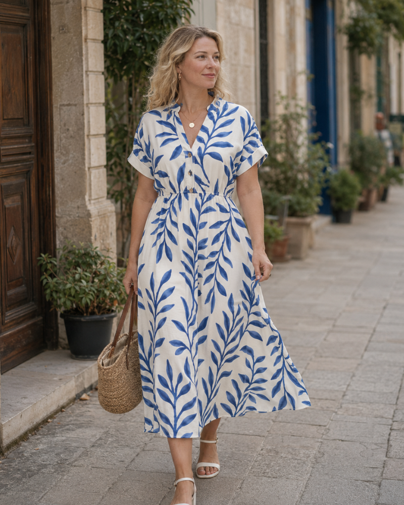 Robe Midi Femme en tissu léger, col V, coupe fluide – Menvelo