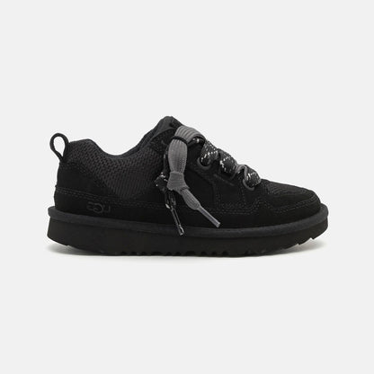 UGG Lowmel Lo Black baskets homme et femme en daim et textile recyclé noir, vue de profil
