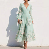 Robe Maxi Mousseline Femme – Manches Longues Coupe Évasée Plissée