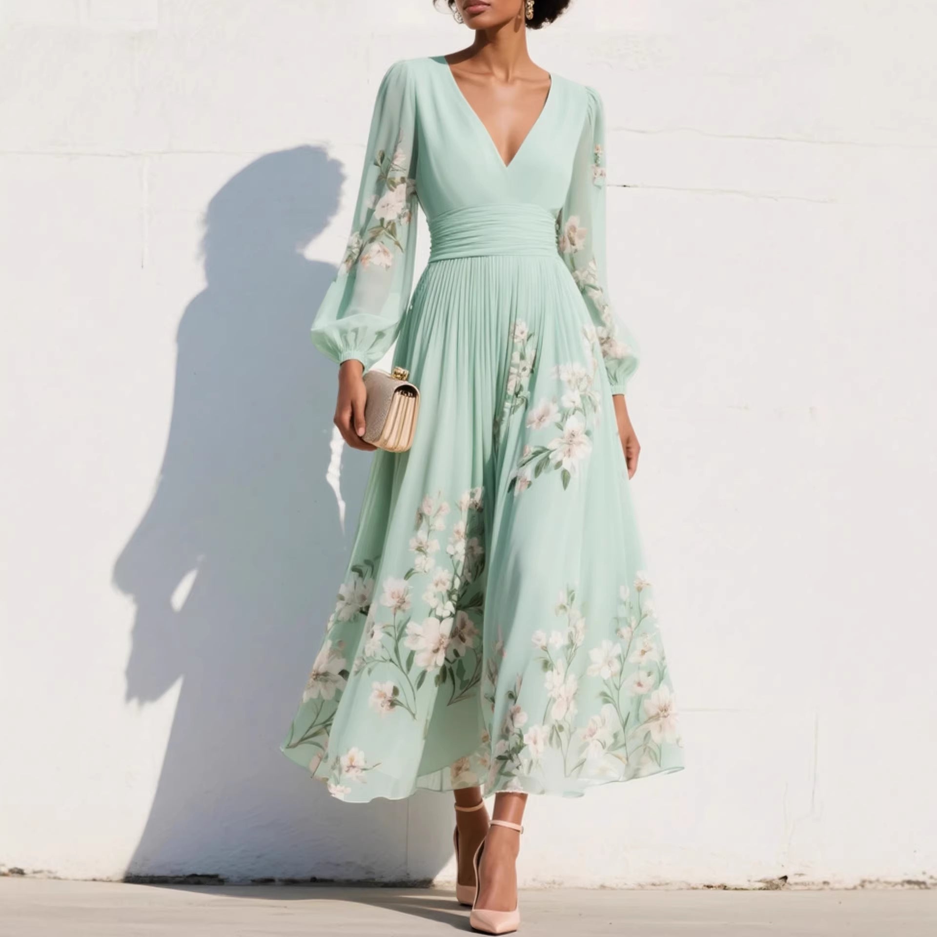 Robe Maxi Mousseline Femme – Manches Longues Coupe Évasée Plissée