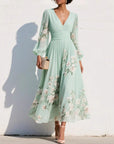 Robe Maxi Mousseline Femme – Manches Longues Coupe Évasée Plissée