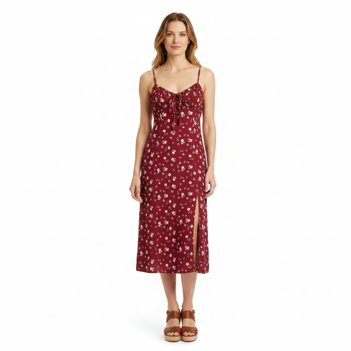 Robe Midi Femme Fleurie – Bretelles Fines, Nœud et Fente Latérale