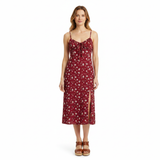 Robe Midi Femme Fleurie – Bretelles Fines, Nœud et Fente Latérale