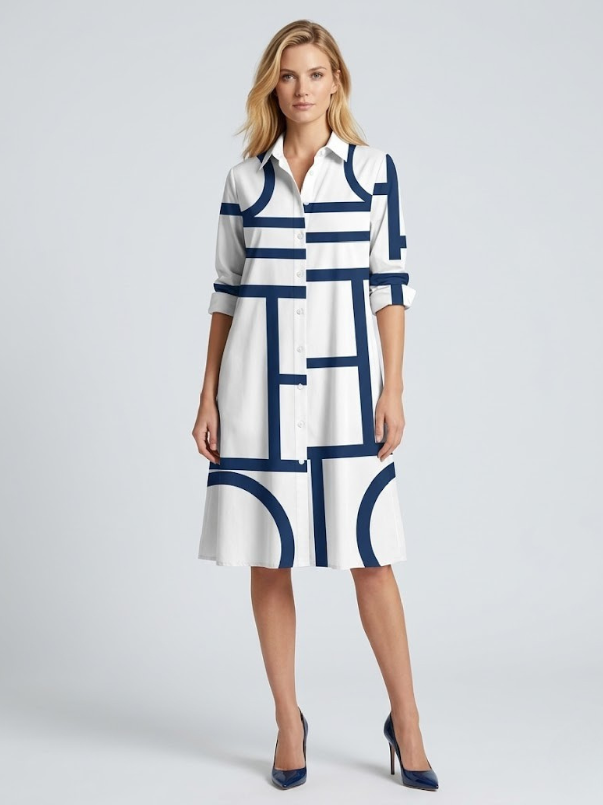 Robe Chemise Femme Imprimé Géométrique – Coupe Trapèze Midi