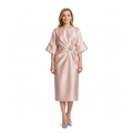 Robe Femme Midi Satinée – Manches Chauve-Souris & Drapé Bijou à la Taille