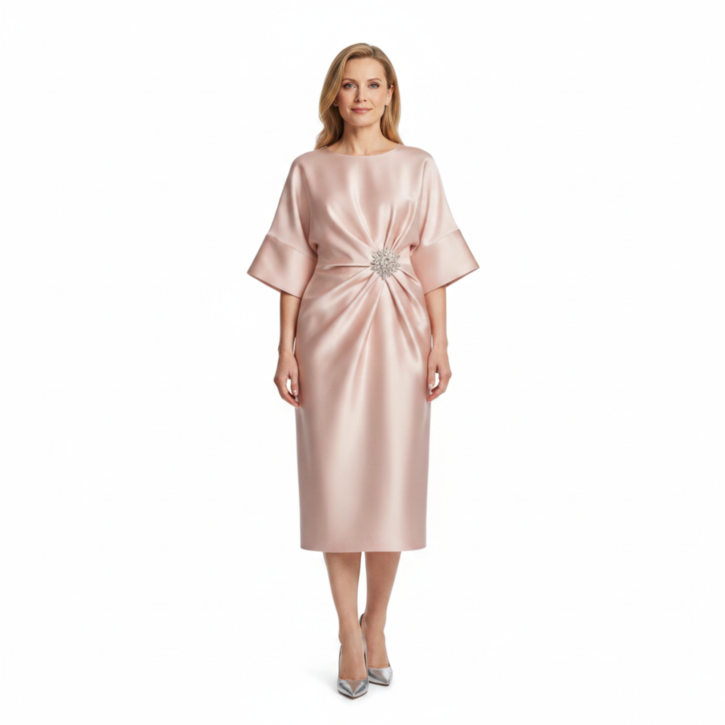 Robe Femme Midi Satinée – Manches Chauve-Souris & Drapé Bijou à la Taille