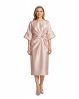 Robe Femme Midi Satinée – Manches Chauve-Souris & Drapé Bijou à la Taille