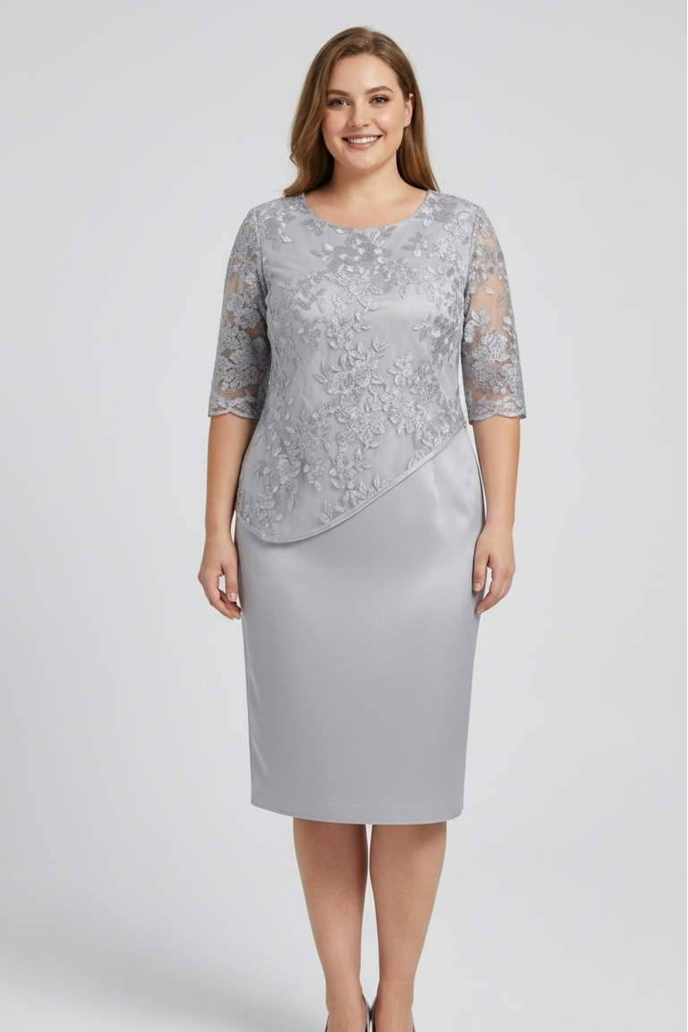 Robe Midi Femme à Broderie Florale – Manches en Dentelle Coupe Droite