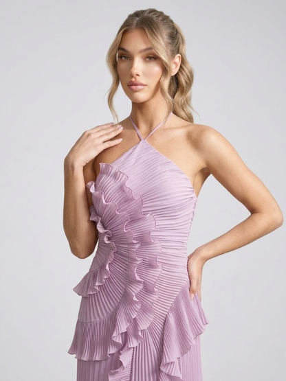 Robe Midi Femme à Col Licou Plissée – Détails Volants Élégants